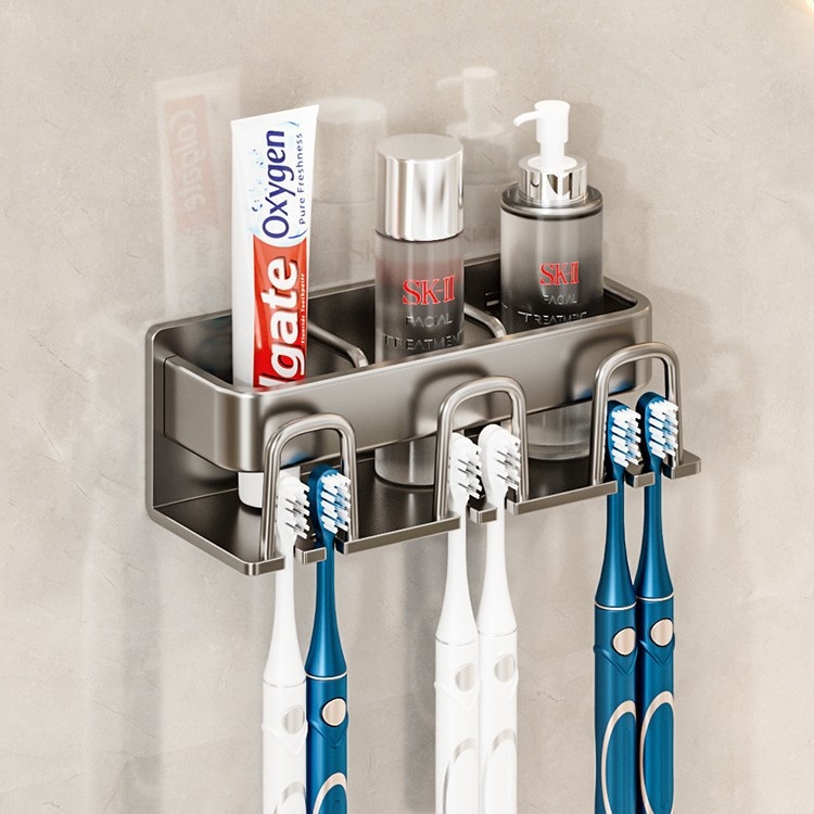 Držač četkice za zube od Space aluminija, zidni, 2–6 pretinaca, bez bušenja, pohrana paste, prilagodljiv logo
