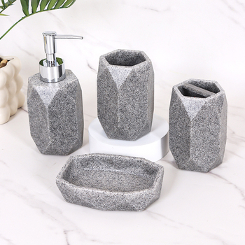 Márványos műgyanta fürdőszobai négy darabos készlet: pohár a fogkeféhez, szappantartó és kézfertőtlenítő üveg | Márka: Yihong artworks; Logó tartalmazva; Testreszabható; Magáncímke