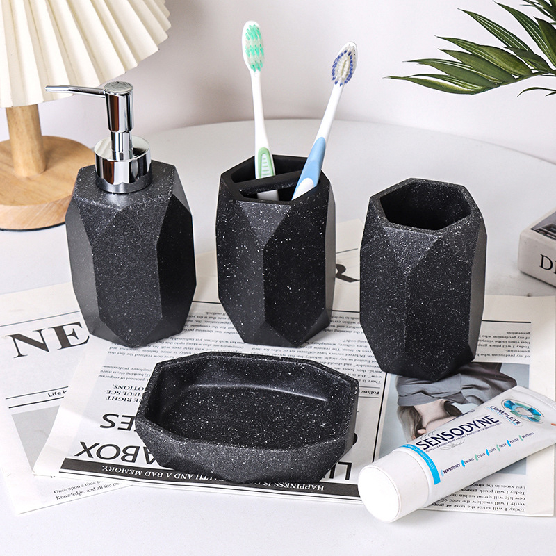 Márványos műgyanta fürdőszobai négy darabos készlet: pohár a fogkeféhez, szappantartó és kézfertőtlenítő üveg | Márka: Yihong artworks; Logó tartalmazva; Testreszabható; Magáncímke