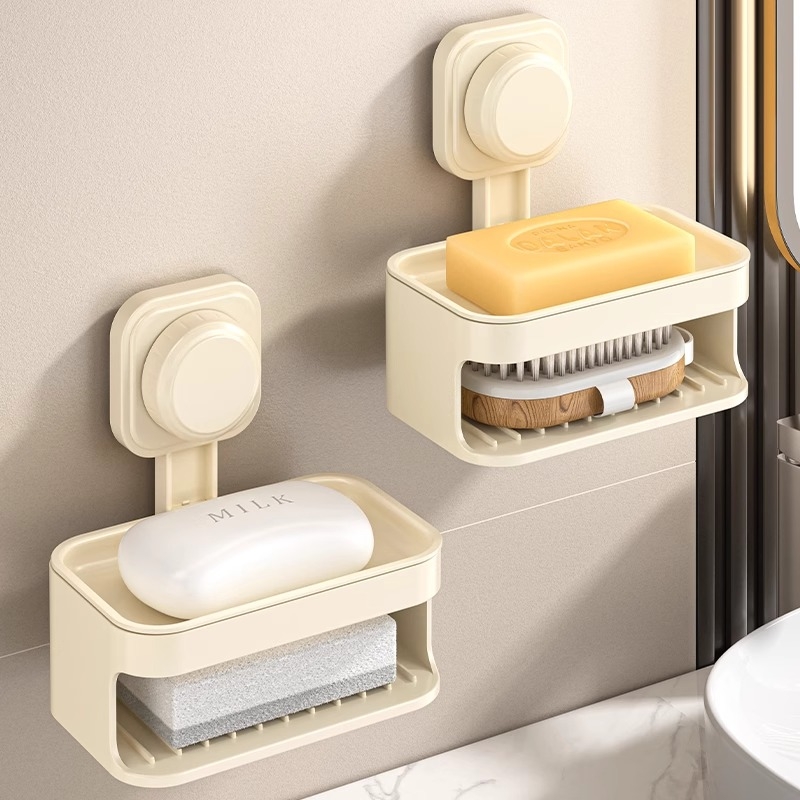 Plastični zidni držač sapuna s usisnom čašom, dvostruki sloj, bez bušenja