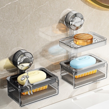 Prozirna zidna kutija za sapun s usisnom čašicom, dvostruka razina, odvod špongu