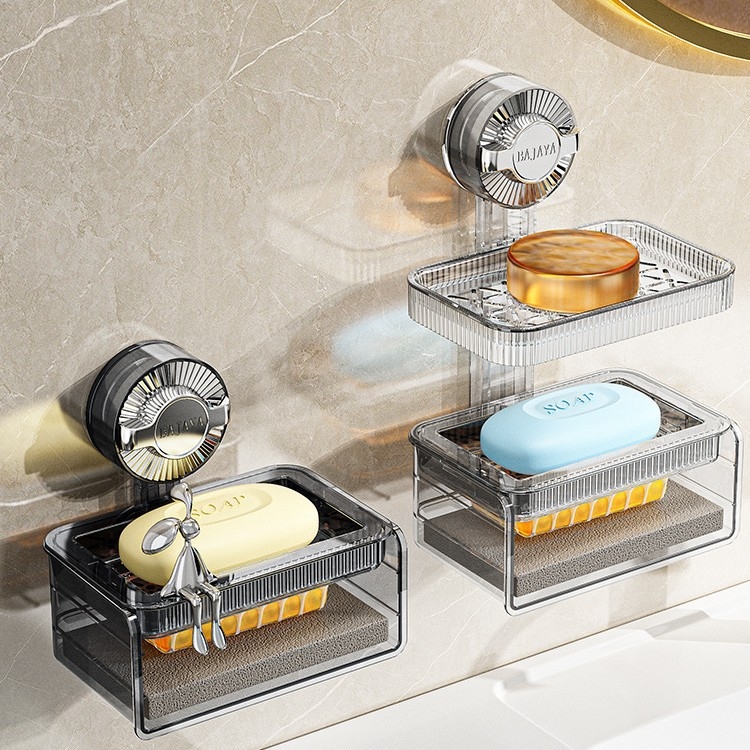 Prozirna zidna kutija za sapun s usisnom čašicom, dvostruka razina, odvod špongu