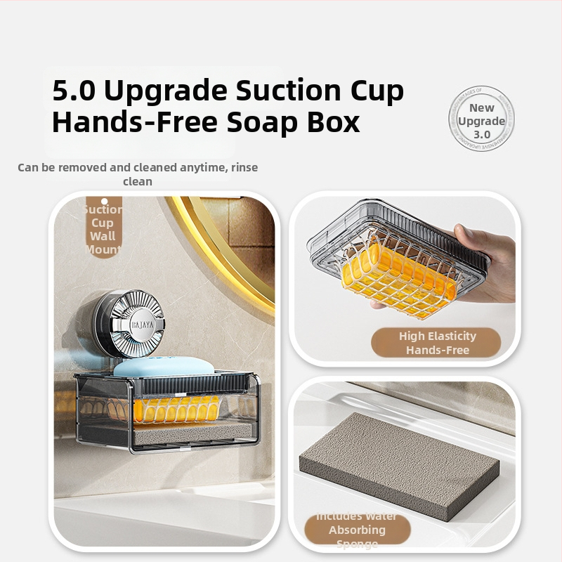 Priehľadná nástenná krabička na mydlo s prísavkou, dvojvrstvová, drenáž pre špongu