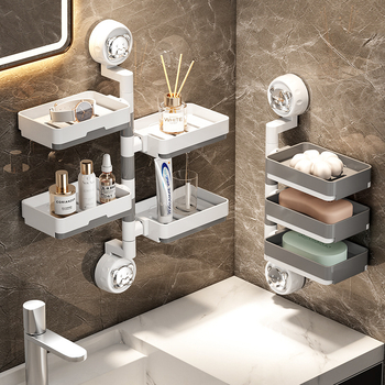 Сапунена кутия с вакуумна чашка за стенен монтаж, въртяща се и премахваема полица (Материал: пластмаса, PVC; Монтаж: вакуумна чашка; Въртене; Премахваема полица)