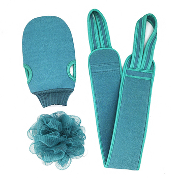 Háromrészes fürdőlepedő készlet hátsó szalaggal, iszapos kesztyűkkel és hátas golyóval