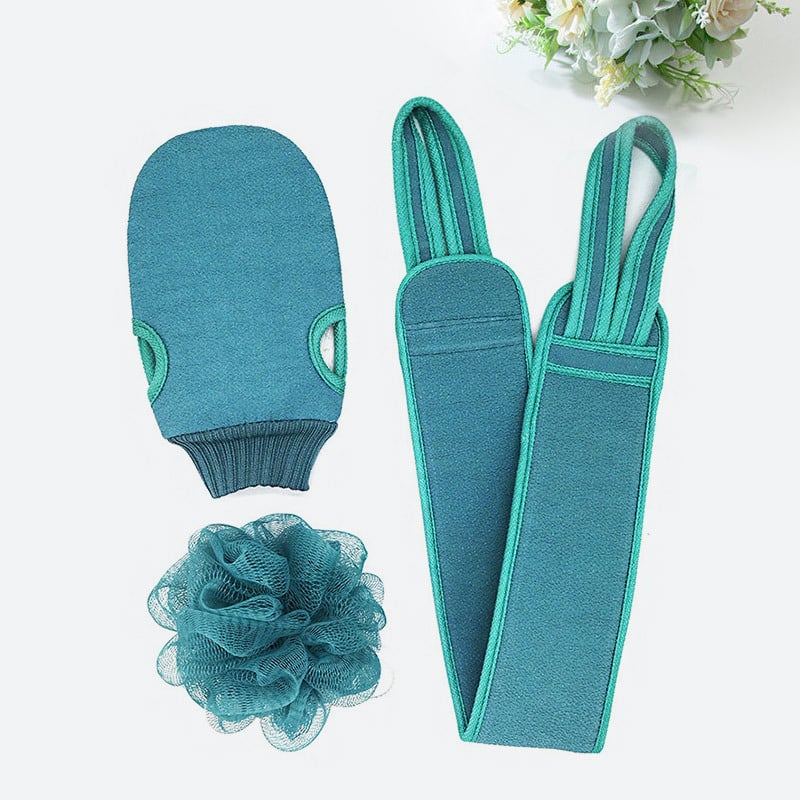 Háromrészes fürdőlepedő készlet hátsó szalaggal, iszapos kesztyűkkel és hátas golyóval