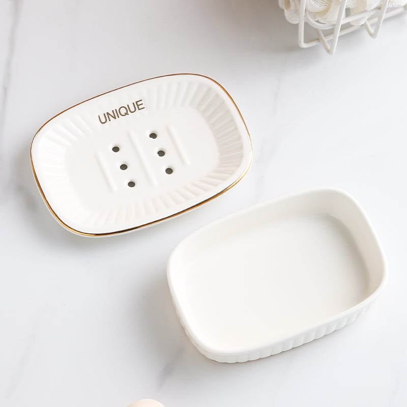 Kerámiás szappantál kettős rétegű tárolóval és lefolyóval, Súly ~280 g, Testreszabás: Igen