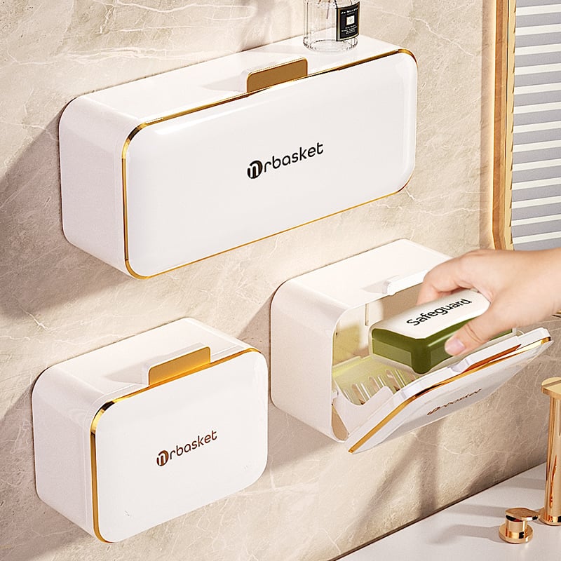 Fali szappontartó fedéllel, ABS anyagból, fúrás nélkül, vákuumos rögzítés, dupla összecsukható tároló