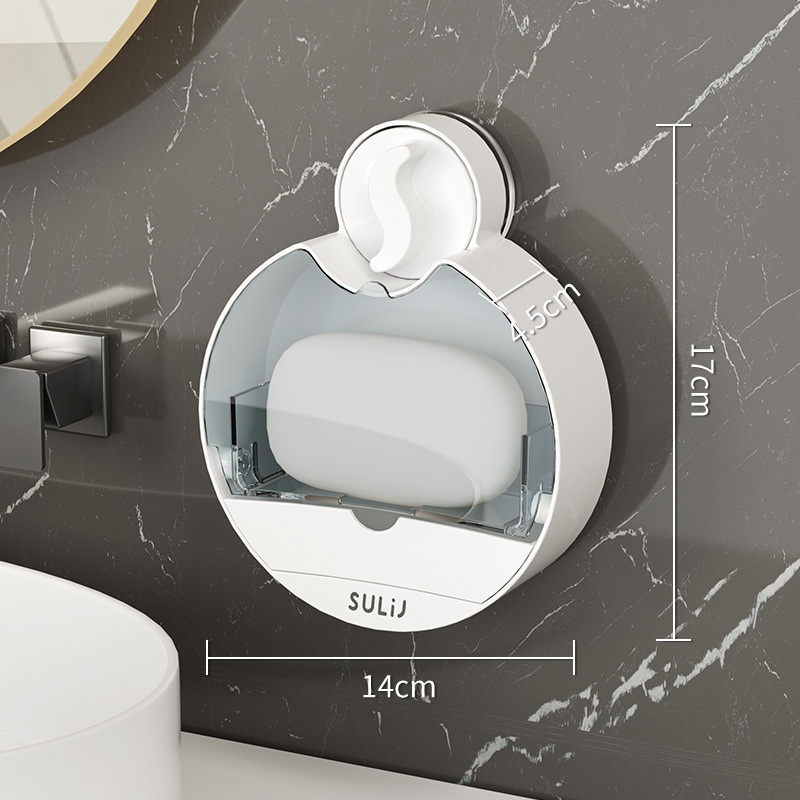 Suport de săpun montat pe perete cu ventuză și capac rabatabil, din plastic, drenaj pentru baie