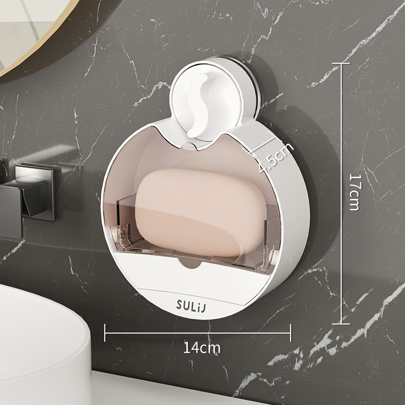 Suport de săpun montat pe perete cu ventuză și capac rabatabil, din plastic, drenaj pentru baie