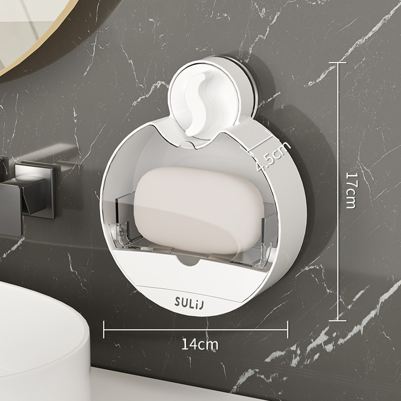 Suport de săpun montat pe perete cu ventuză și capac rabatabil, din plastic, drenaj pentru baie