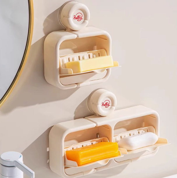 ABS anyagú szappantartó vákuumos csatlakozással és felnyitható fedéllel, falra szerelhető csepegőtálcával, modell JH-9879