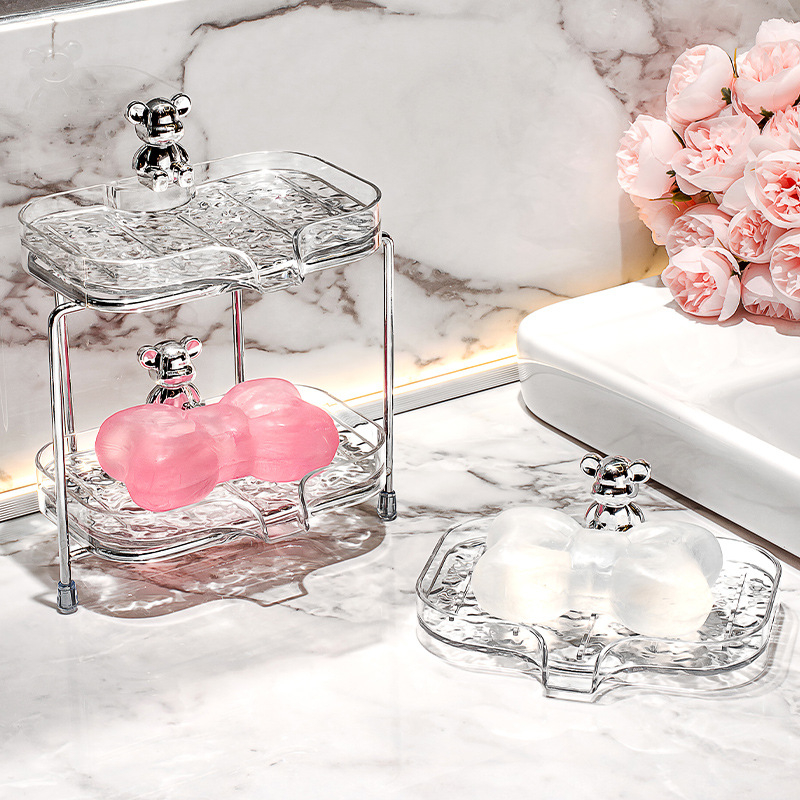 Fürdőszobai dupla szintes szappantartó, drenázs funkcióval, fedél és szívókorongokkal a mosogatóhoz