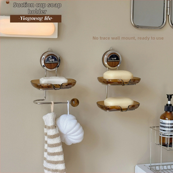 Držiak na stenu s prísavkou na mydlo, dvojvrstvový s drenážou, materiál: plast a nerezová oceľ