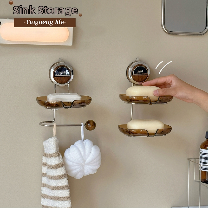 Držiak na stenu s prísavkou na mydlo, dvojvrstvový s drenážou, materiál: plast a nerezová oceľ