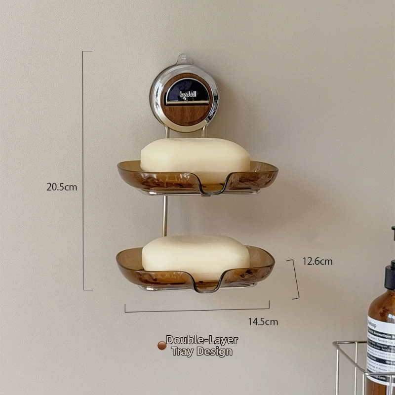 Držiak na stenu s prísavkou na mydlo, dvojvrstvový s drenážou, materiál: plast a nerezová oceľ