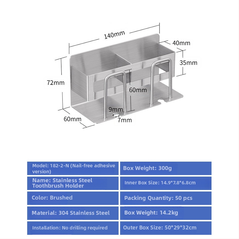 304 rozsdamentes acél fogkefetartó falra szerelhető, fúrás nélkül, szájöblítő pohárral, logóval