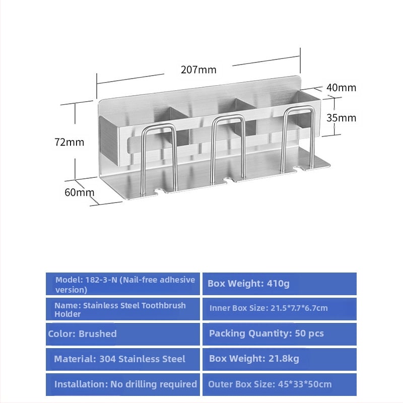 304 rozsdamentes acél fogkefetartó falra szerelhető, fúrás nélkül, szájöblítő pohárral, logóval