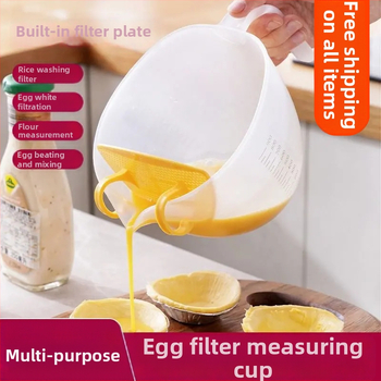 Ručný kuchynský nástroj na umývanie ryže: filter, oddelovač vajec, merací pohár a graduovaná miska — moderný minimalistický štýl
