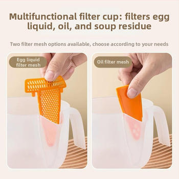 Ručný kuchynský nástroj na umývanie ryže: filter, oddelovač vajec, merací pohár a graduovaná miska — moderný minimalistický štýl