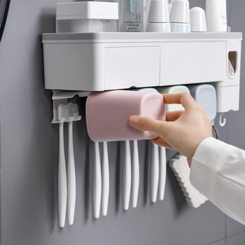 Držač za četkice za zube sa usisnim držačem za zid – bez bušenja, automatski dozator paste, set čaša za ispiranje usta, plastika, Time Machine marka