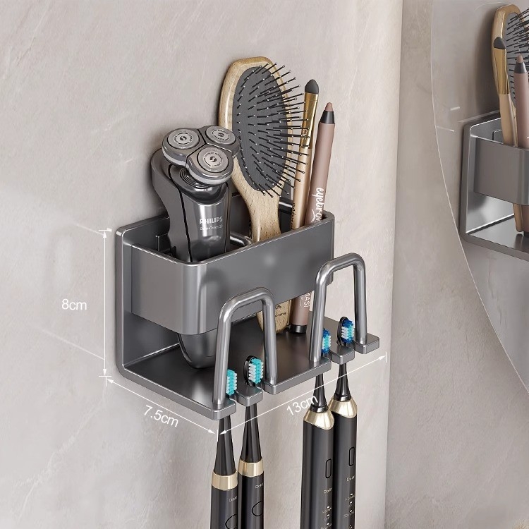 Držač za četkice za zube, zidni bez bušenja, Space Aluminum, 2–6 pretinaca, sušenje i skladištenje