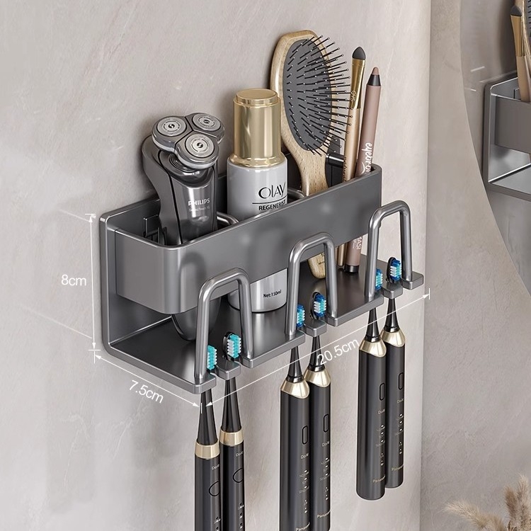 Držač za četkice za zube, zidni bez bušenja, Space Aluminum, 2–6 pretinaca, sušenje i skladištenje