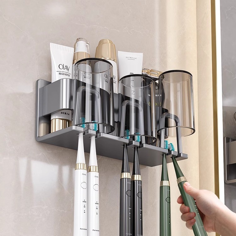 Držač za četkice za zube, zidni bez bušenja, Space Aluminum, 2–6 pretinaca, sušenje i skladištenje
