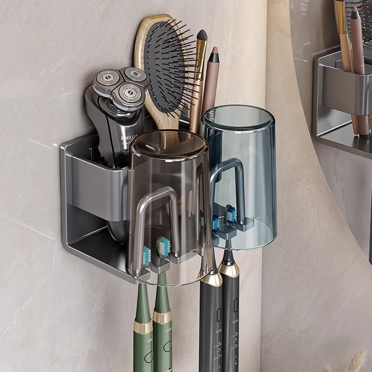 Držač za četkice za zube, zidni bez bušenja, Space Aluminum, 2–6 pretinaca, sušenje i skladištenje