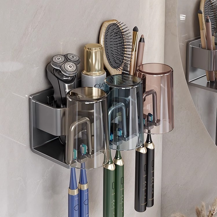 Držač za četkice za zube, zidni bez bušenja, Space Aluminum, 2–6 pretinaca, sušenje i skladištenje