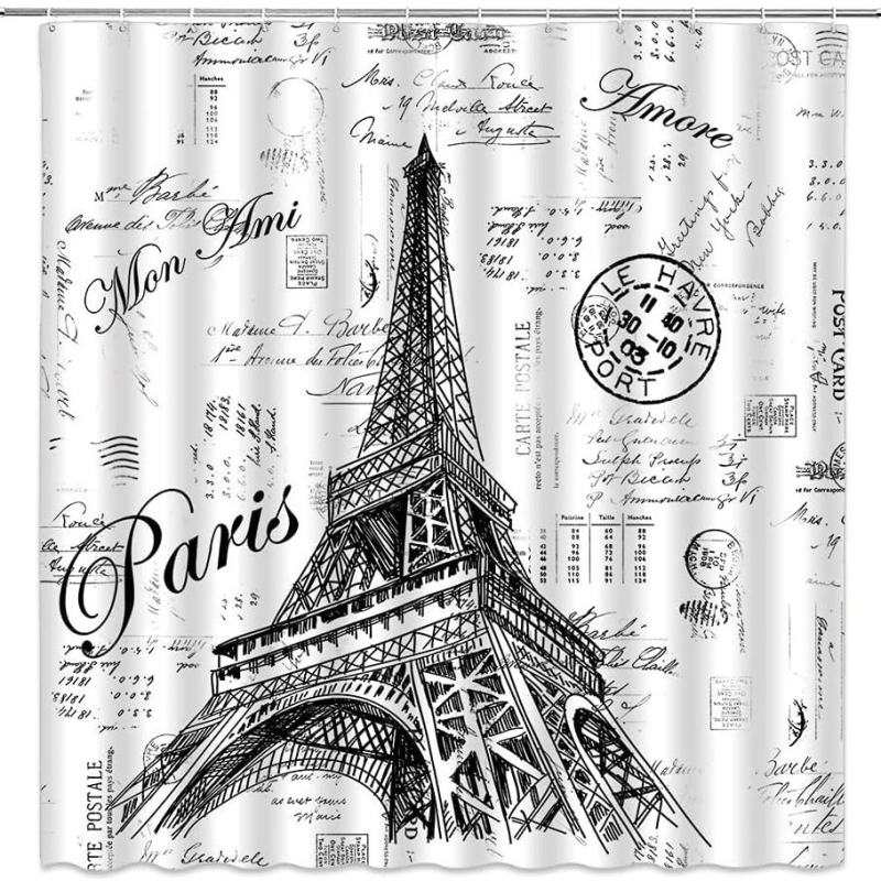 Душ завеса с мотив Ейфелова кула, ретро ръчно рисуван пощенски печат, полиестер, модерен минимализъм, персонализиране според чертежи, печат на лого по избор