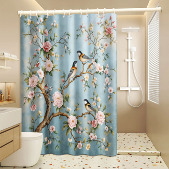 Vodootporna poliester zavjesa za tuš s motivom cvijeće i ptice, američki seoski stil, Libor Home Textiles M-30732