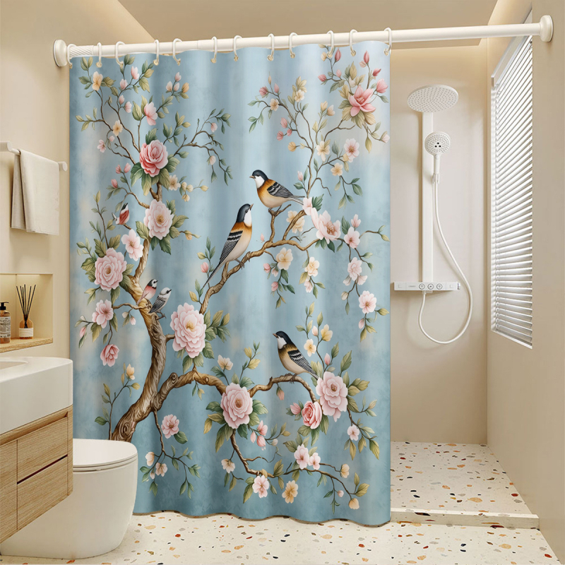 Vodootporna poliester zavjesa za tuš s motivom cvijeće i ptice, američki seoski stil, Libor Home Textiles M-30732