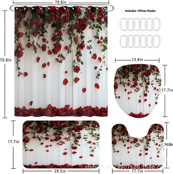 Kupaonska zavjesa za tuširanje s romantičnim ružama – digitalni print, Valentinovo, set od 4 dijela od poliestera, s kukicama, strojno pranje