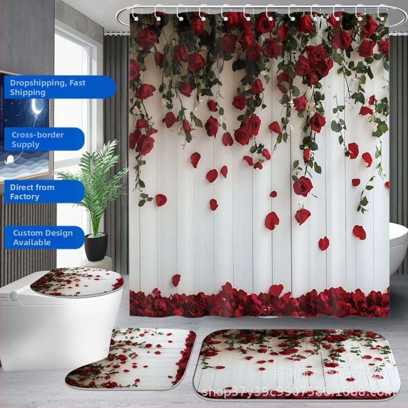 Kupaonska zavjesa za tuširanje s romantičnim ružama – digitalni print, Valentinovo, set od 4 dijela od poliestera, s kukicama, strojno pranje