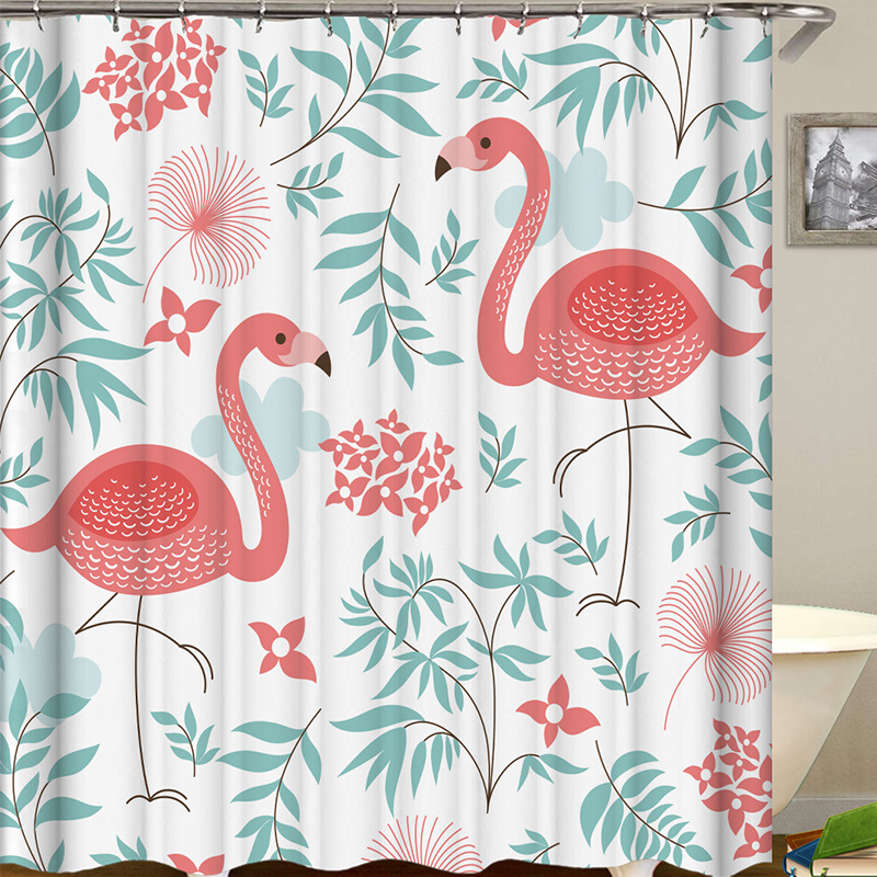 Tuš zavjesa od poliestera s flamingo printom, flamingo stil, tiskano logo, Chenxi Textile marka