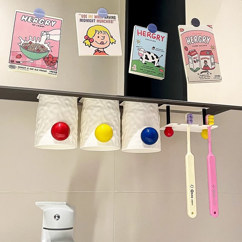 Držač četkica za zube - zidni, bez bušenja, materijal: karbonska čelika + plast, držač za čašu i četkicu u kupaonici