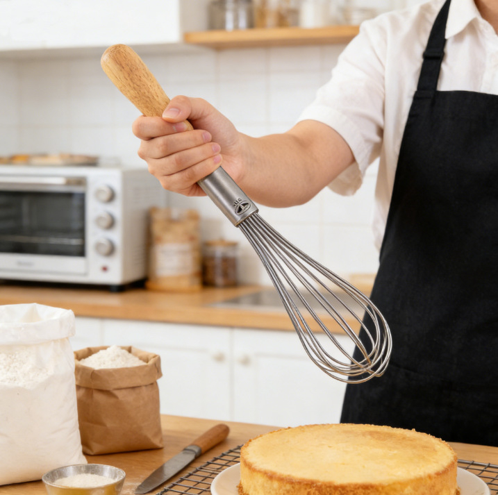 Pjenjača za jaja od nehrđajućeg čelika s drvenom drškom – ručna, moguć otisak loga, bez električne energije (nehrđajući čelik; drvena drška; ručna; moguć otisak loga; bez električne energije)