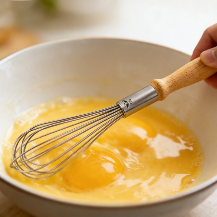 Pjenjača za jaja od nehrđajućeg čelika s drvenom drškom – ručna, moguć otisak loga, bez električne energije (nehrđajući čelik; drvena drška; ručna; moguć otisak loga; bez električne energije)