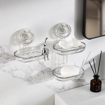 Cutie de săpun montată pe perete, cu ventuză, transparentă, cu două niveluri, pentru drenaj