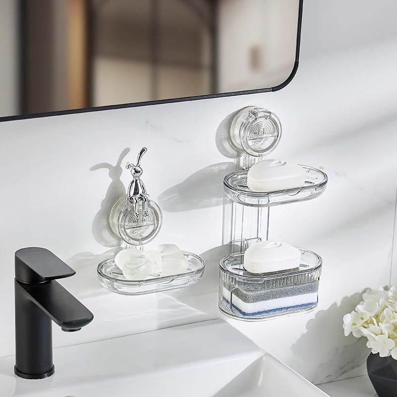 Cutie de săpun montată pe perete, cu ventuză, transparentă, cu două niveluri, pentru drenaj