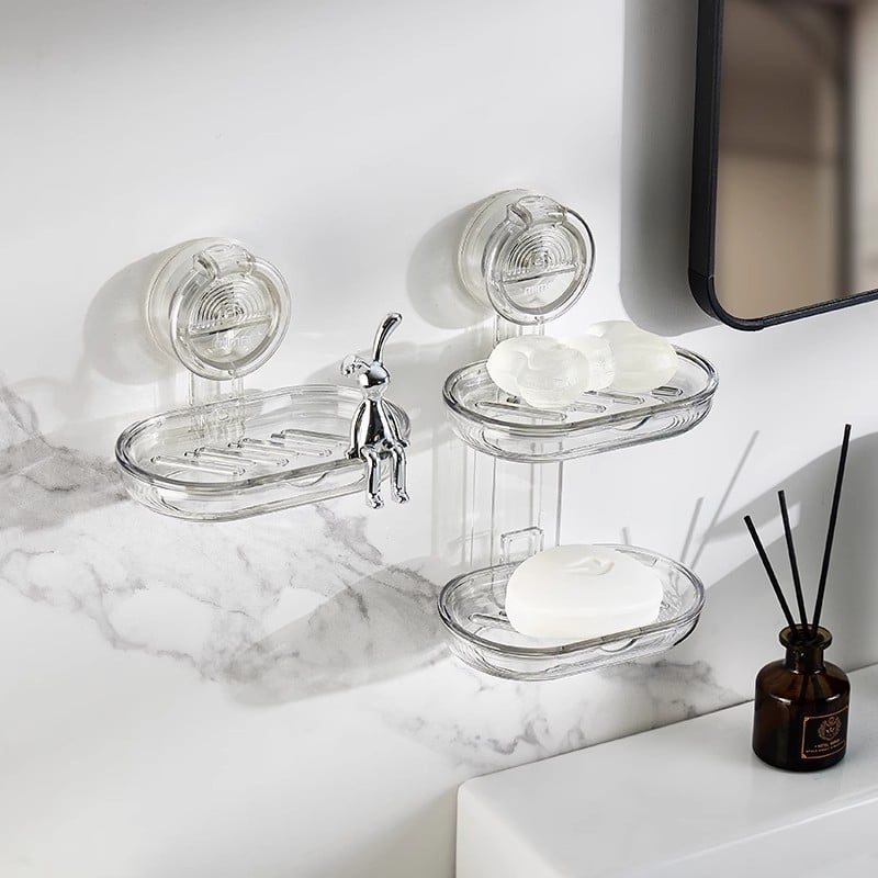 Cutie de săpun montată pe perete, cu ventuză, transparentă, cu două niveluri, pentru drenaj