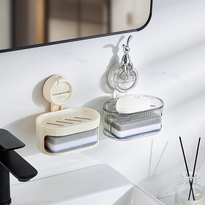 Cutie de săpun montată pe perete, cu ventuză, transparentă, cu două niveluri, pentru drenaj