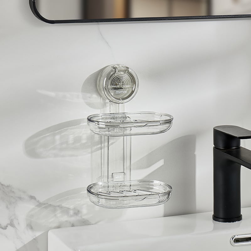 Cutie de săpun montată pe perete, cu ventuză, transparentă, cu două niveluri, pentru drenaj