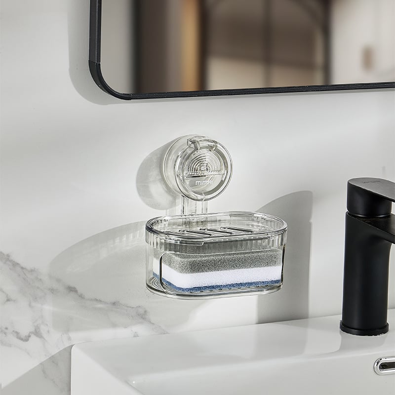 Cutie de săpun montată pe perete, cu ventuză, transparentă, cu două niveluri, pentru drenaj