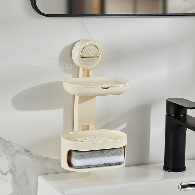 Cutie de săpun montată pe perete, cu ventuză, transparentă, cu două niveluri, pentru drenaj