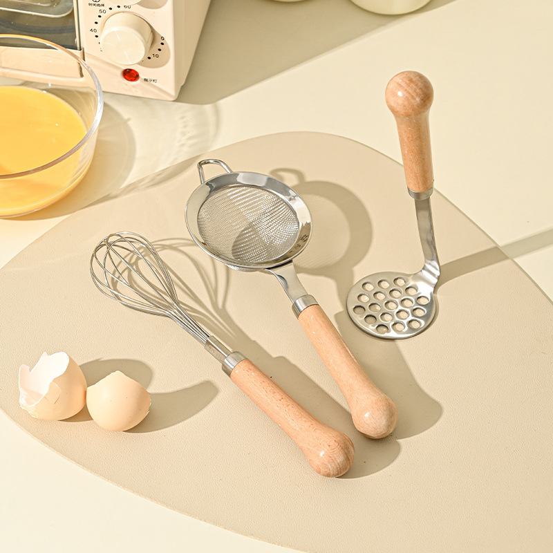 304 rozsdamentes acélból készült pürésítő fa fogantyúval, konyhai szita és tojásfehérje szeparátor, modern minimál stílus