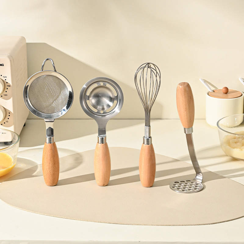 304 rozsdamentes acélból készült pürésítő fa fogantyúval, konyhai szita és tojásfehérje szeparátor, modern minimál stílus
