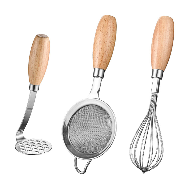 304 rozsdamentes acélból készült pürésítő fa fogantyúval, konyhai szita és tojásfehérje szeparátor, modern minimál stílus