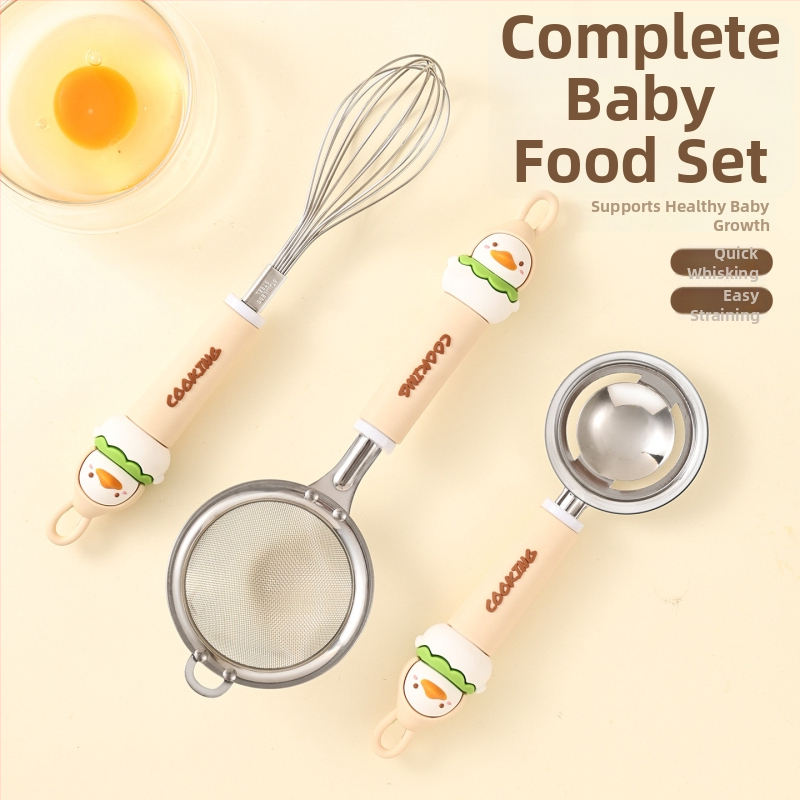 Nerezový set na pečenie s sitom na múru, cedidlom, filtrujúcim sitom, metličkou na vajcia a separátorom bielkovín; tlač loga dostupná; vhodný ako darček; ručné